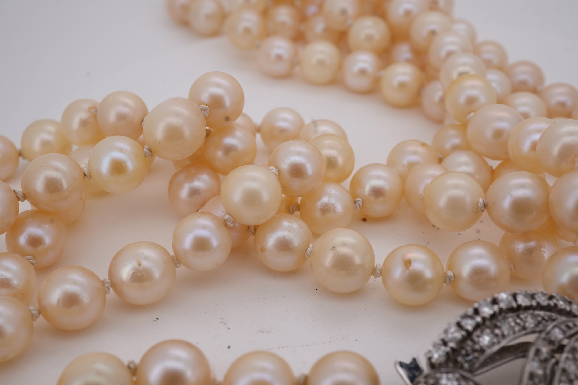 A twin strand cultured pearl necklace with a diamond cluster set white metal scroll shaped clasp, 60cm.